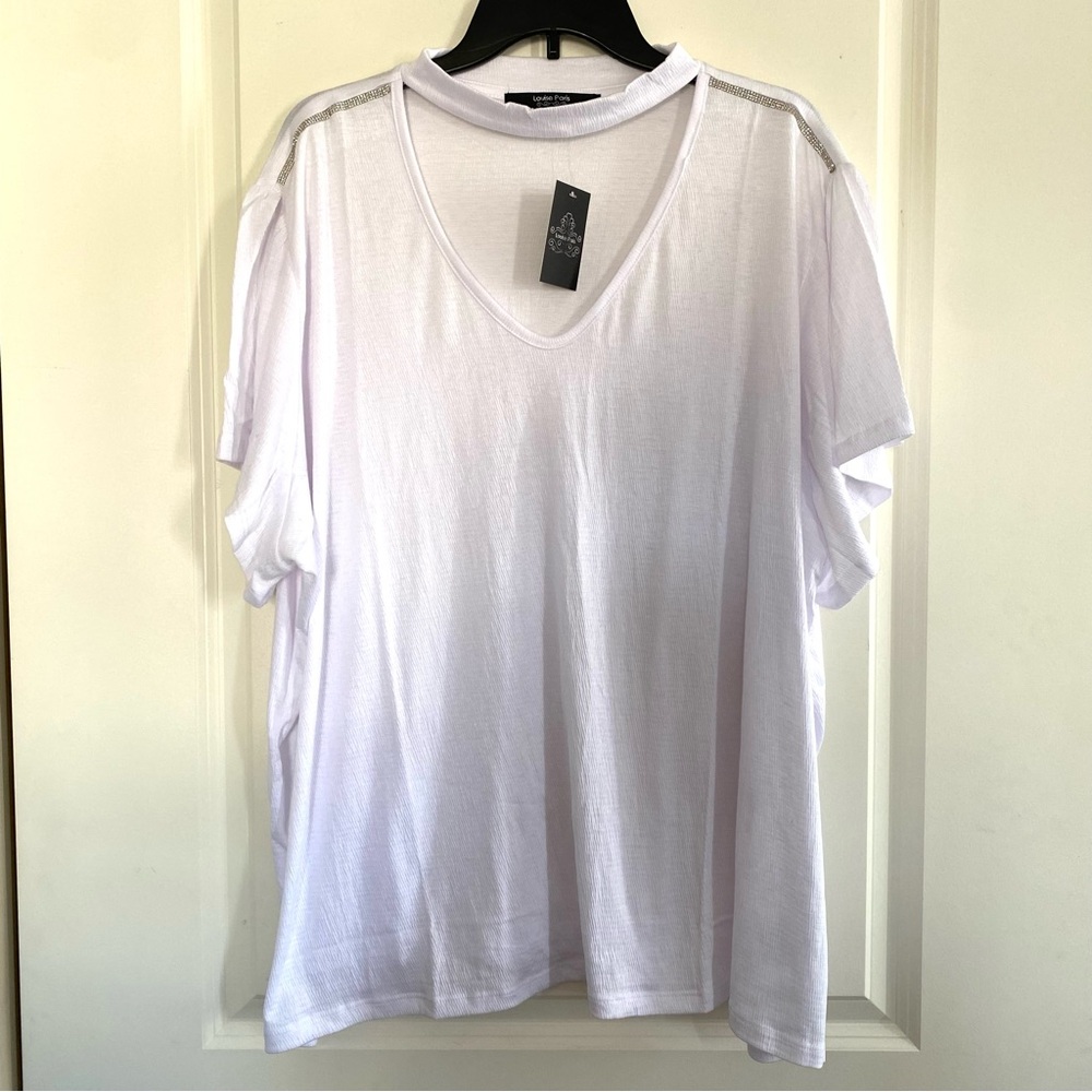 Louise Paris Bling Rhinestone V-Neck Dressy White Top, 3X
